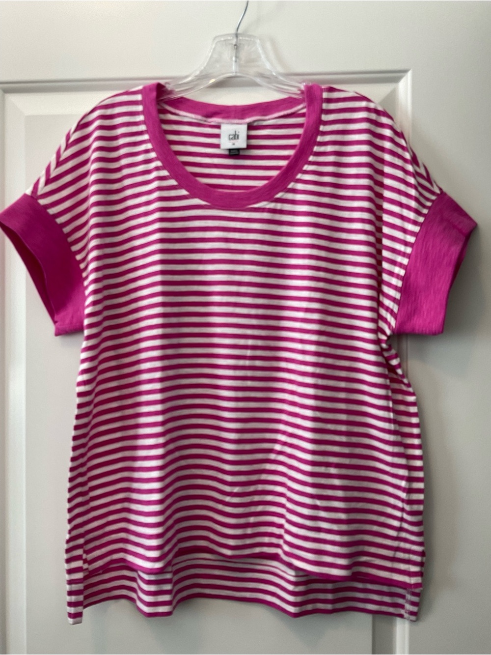CAbi Pink and White Striped Short Sleeve Tee